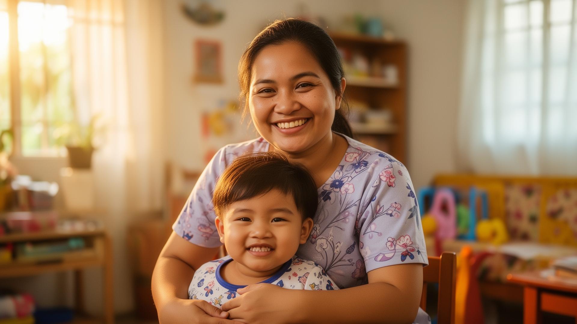 A caregiver smiling with a child